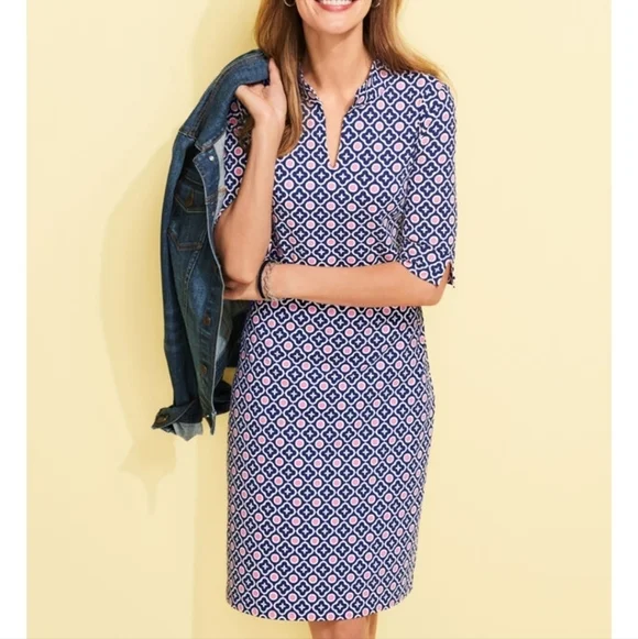 Talbots Navy & Pink Geometric Print Split Mockneck Short Sleeve Shift Dress - Picture 2 of 16